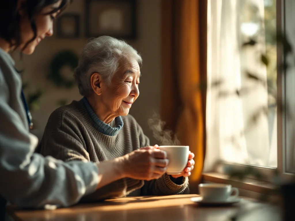 a caregiver's hand gently placing a warm cup of tea beside an elderly person sitting by a bright window in a cozy Korean home, soft afternoon light, warm caring mood, editorial photography, shallow depth of field