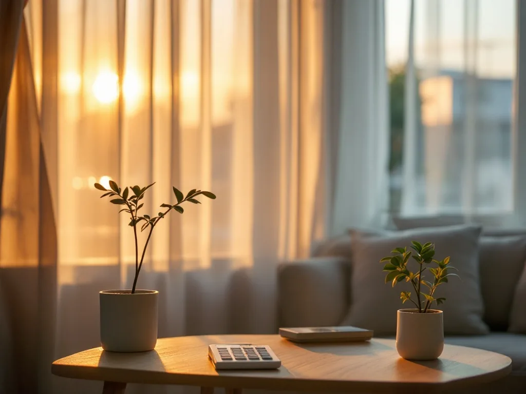 a cozy Korean apartment living room at golden hour, soft sunlight through the window, a small potted plant and a calculator on the table, warm and calm mood, editorial photography, shallow depth of field