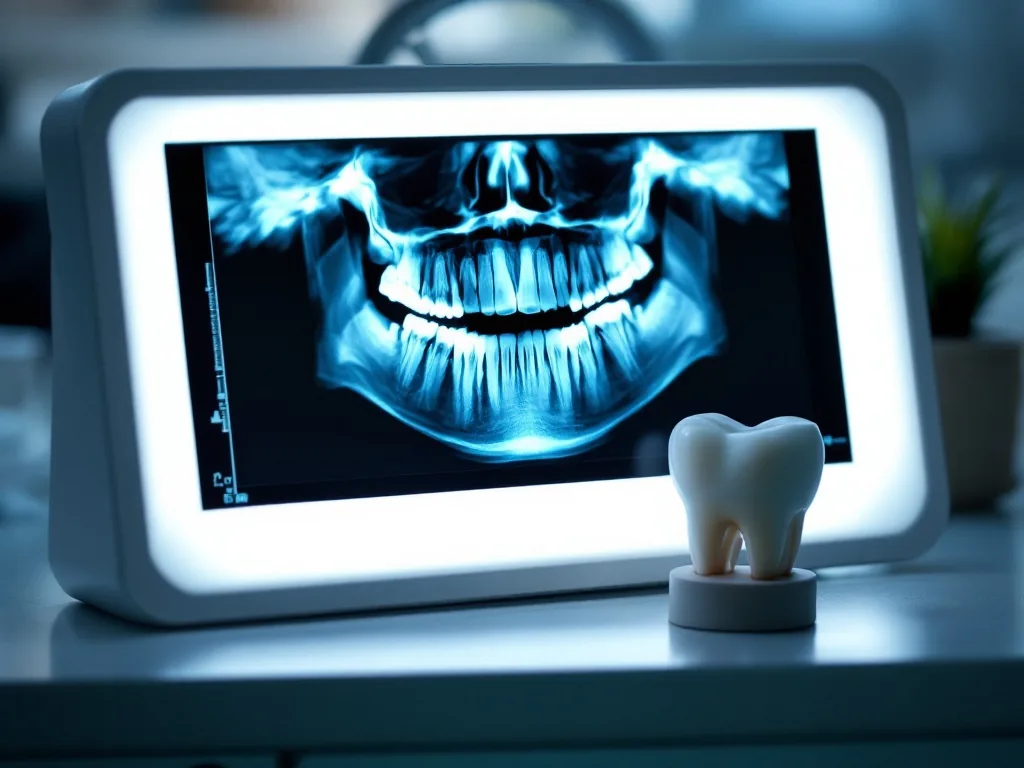 a dental panoramic x-ray on a lightbox next to a small tooth model, close-up, soft clinical light, editorial photography
