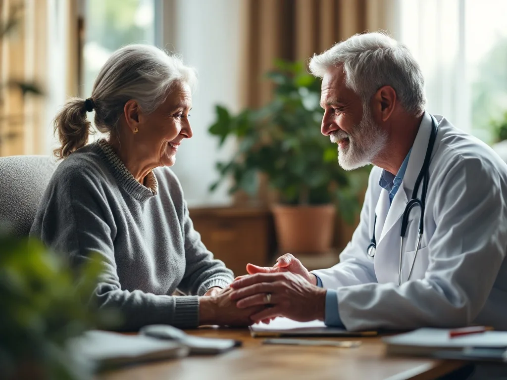 a doctor gently talking with an elderly patient in a warm consultation room, reassuring atmosphere, soft window light, editorial photography, over the shoulder view