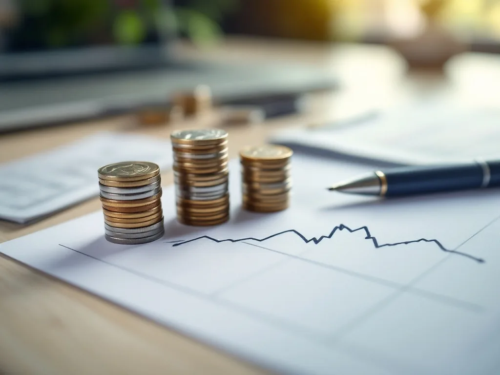 a downward-trending simple line chart drawn on paper next to a pen and coins stacked in decreasing height, clean desk, soft daylight, editorial finance photography, shallow depth of field
