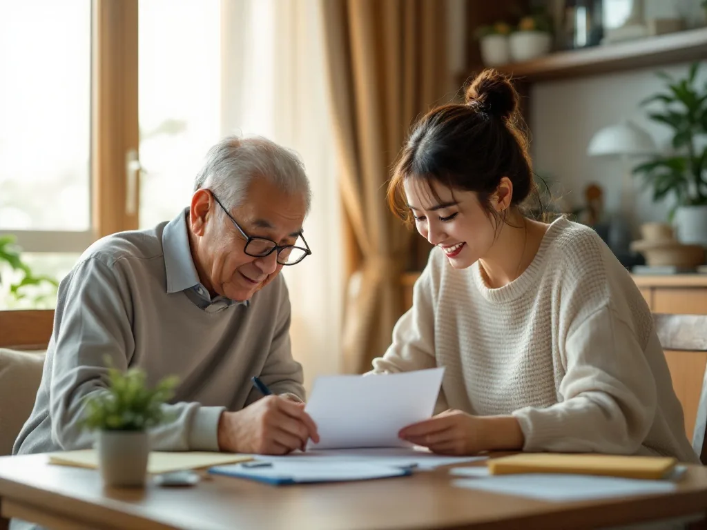 a middle-aged Korean daughter helping her elderly parent fill out paperwork at a home living room table, over-the-shoulder view, warm afternoon light, caring atmosphere, editorial photography