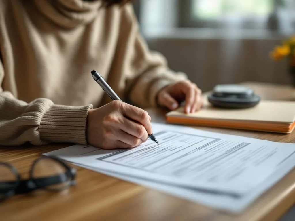 a middle-aged Korean woman's hands filling out a pension application form at a wooden home table, savings passbook and reading glasses nearby, soft natural window light, warm editorial photography, shallow depth of field