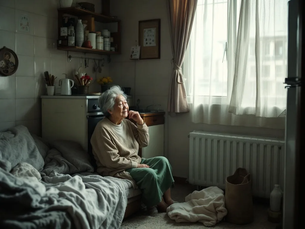 a modest tidy one-room apartment interior of an elderly korean person, small kitchen and a folded blanket, soft daylight through the window, quiet everyday mood, editorial photography
