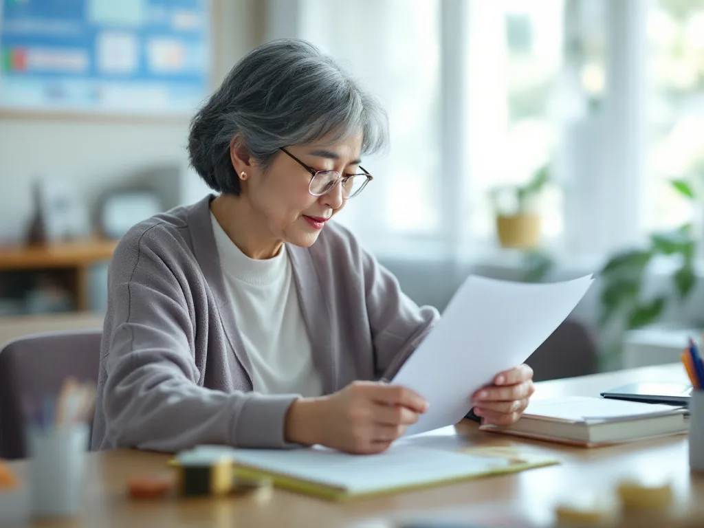 a senior korean woman reviewing documents and a bankbook at a community welfare center desk, soft daylight, over-the-shoulder view, editorial photography