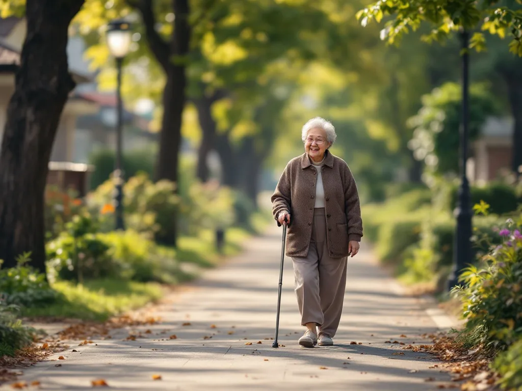 a senior korean woman walking slowly with a cane in a quiet neighborhood park, holding her knee, soft afternoon light, documentary style, no face close-up