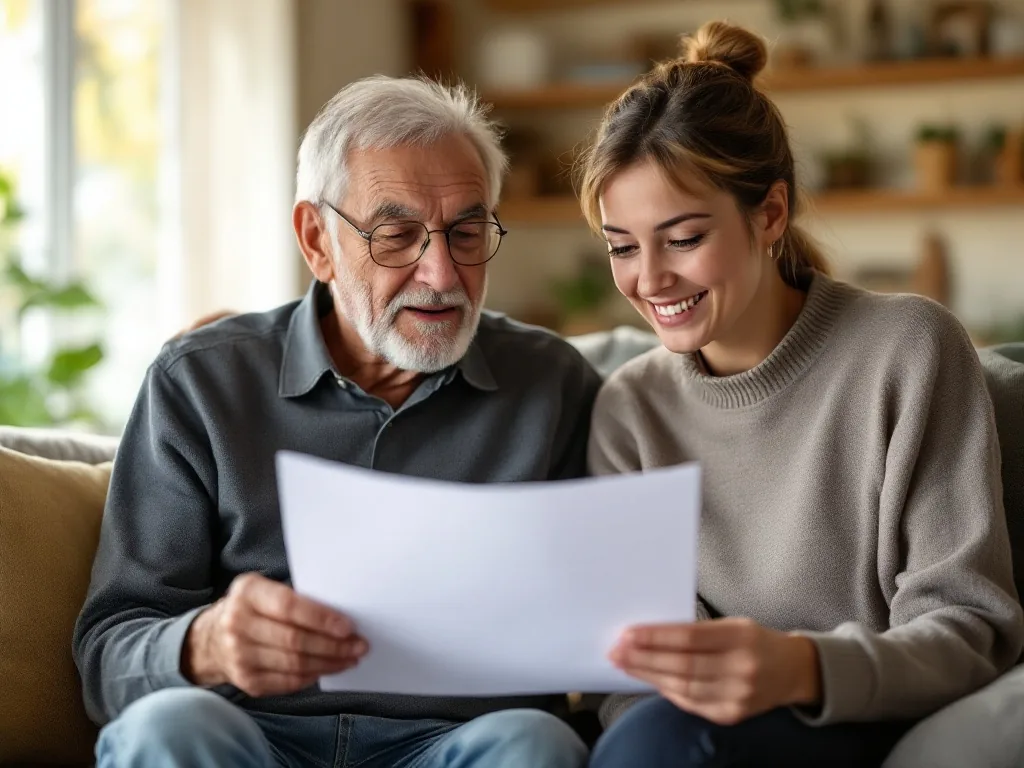 a senior person and their adult child looking at documents together at home, warm afternoon light, calm caring mood, editorial photography, shallow depth of field