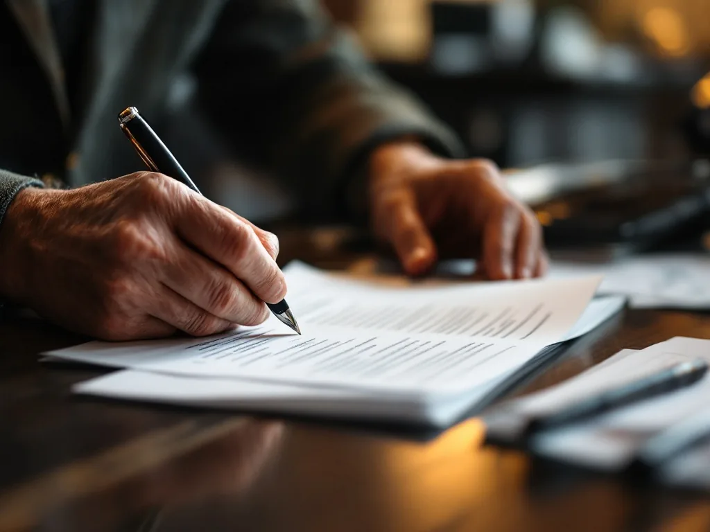 a senior person's hands filling out a document at a bank counter, warm indirect lighting, focus on the paper and pen, no faces, editorial photography
