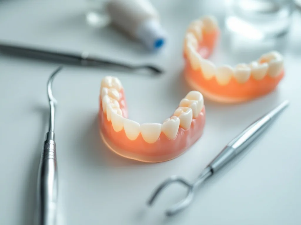 a set of dentures and small dental tools arranged neatly on a clean white table, close-up, soft light, editorial photography