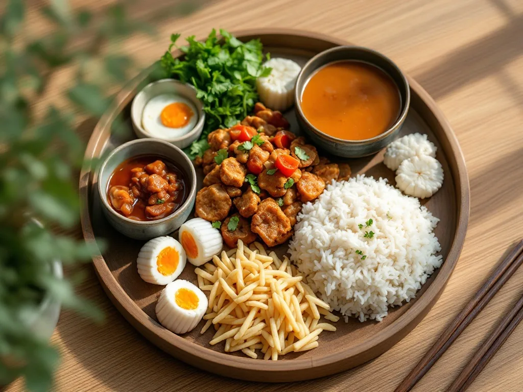 a simple healthy Korean lunch tray with rice, soup and side dishes on a wooden table at a senior care center, soft natural light, top-down view, editorial food photography