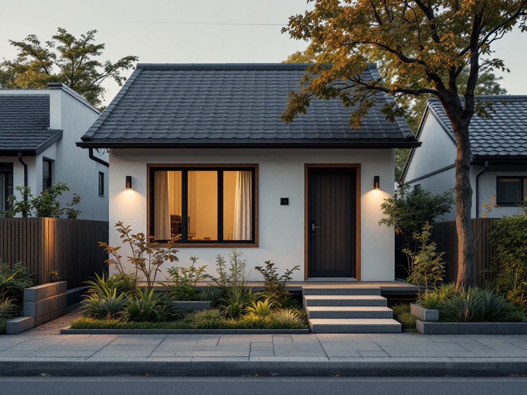 a small korean house exterior with a modest garden in a residential neighborhood, calm afternoon light, wide view, editorial photography