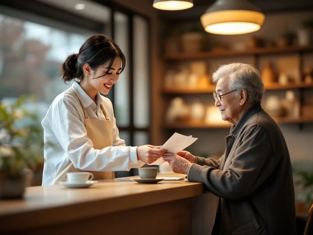 a warm community service center desk with a staff member handing a leaflet to an elderly visitor, soft indoor lighting, korean public office setting, editorial documentary photography, no readable text