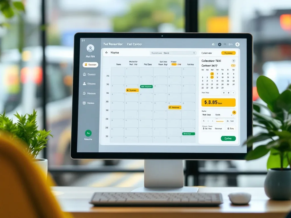 accessible taxi reservation call center screen with calendar and phone, Korean public transport support mood, realistic editorial photo