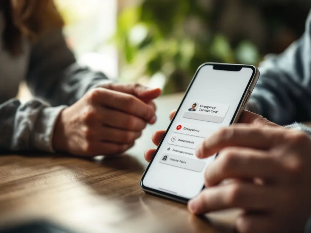 adult child and older adult hands reviewing emergency contact cards on a generic lock screen, phone resting on a clean home table, calm soft window light, close-up editorial photography, no face, no logo, no readable text