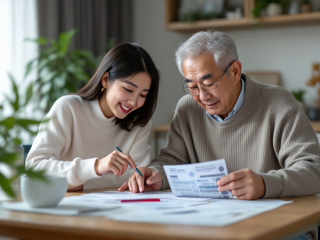 adult child and senior parent checking monthly pension deposit and welfare notes on a dining table, realistic Korean home photo | 부모님 소득과 생계급여 기준을 비교하는 장면