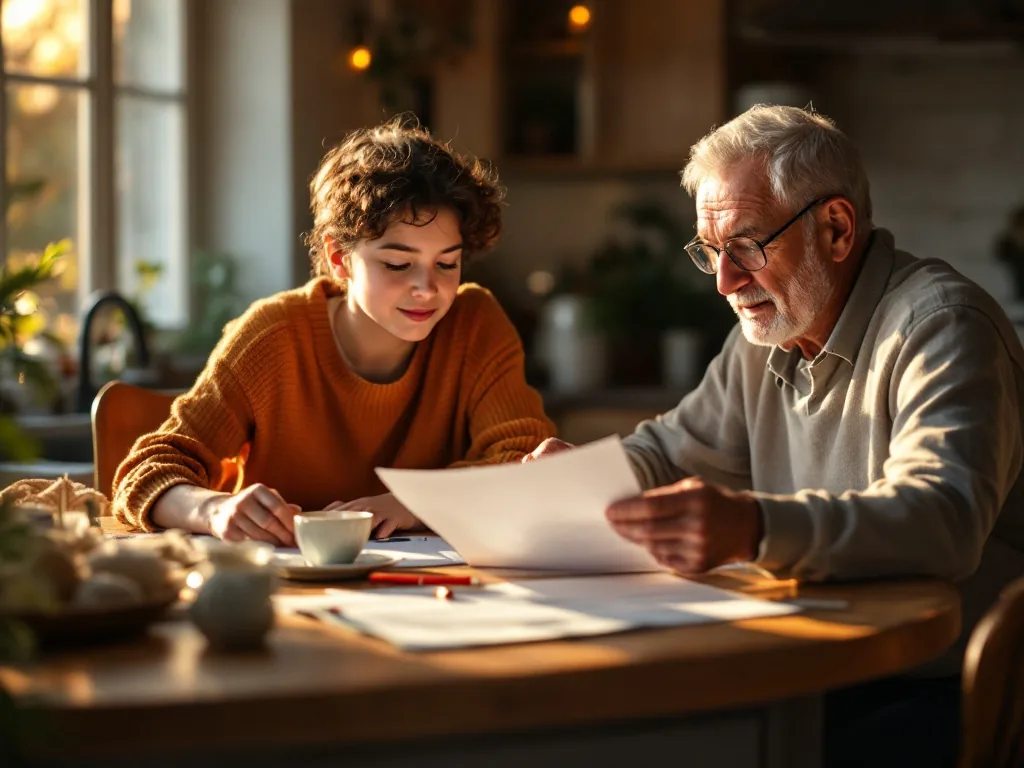 adult child and senior parent reviewing health insurance papers at a kitchen table, warm morning light, no visible faces, editorial photography