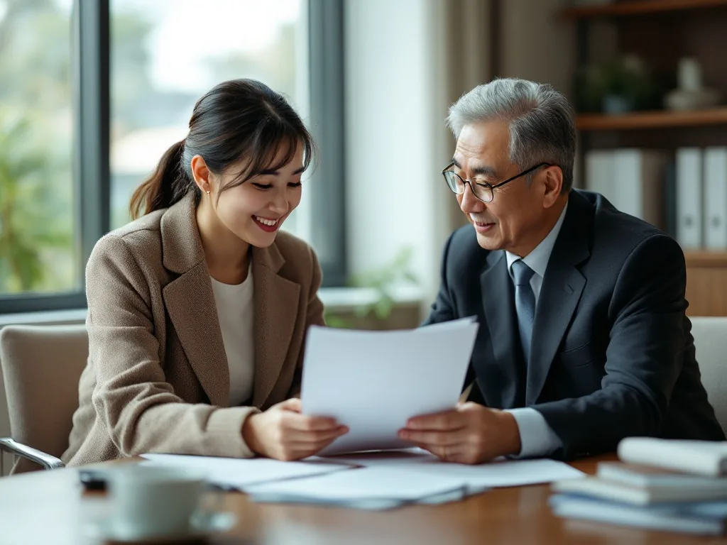 adult child and senior parent speaking with a family court counseling officer over documents, respectful Korean office setting, realistic photo