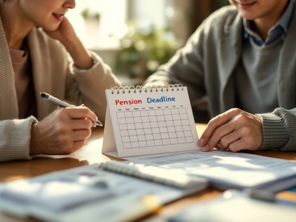 adult child checking a calendar marked pension claim deadline beside elderly parent's bankbook and official forms, warm daylight, realistic Korean home scene