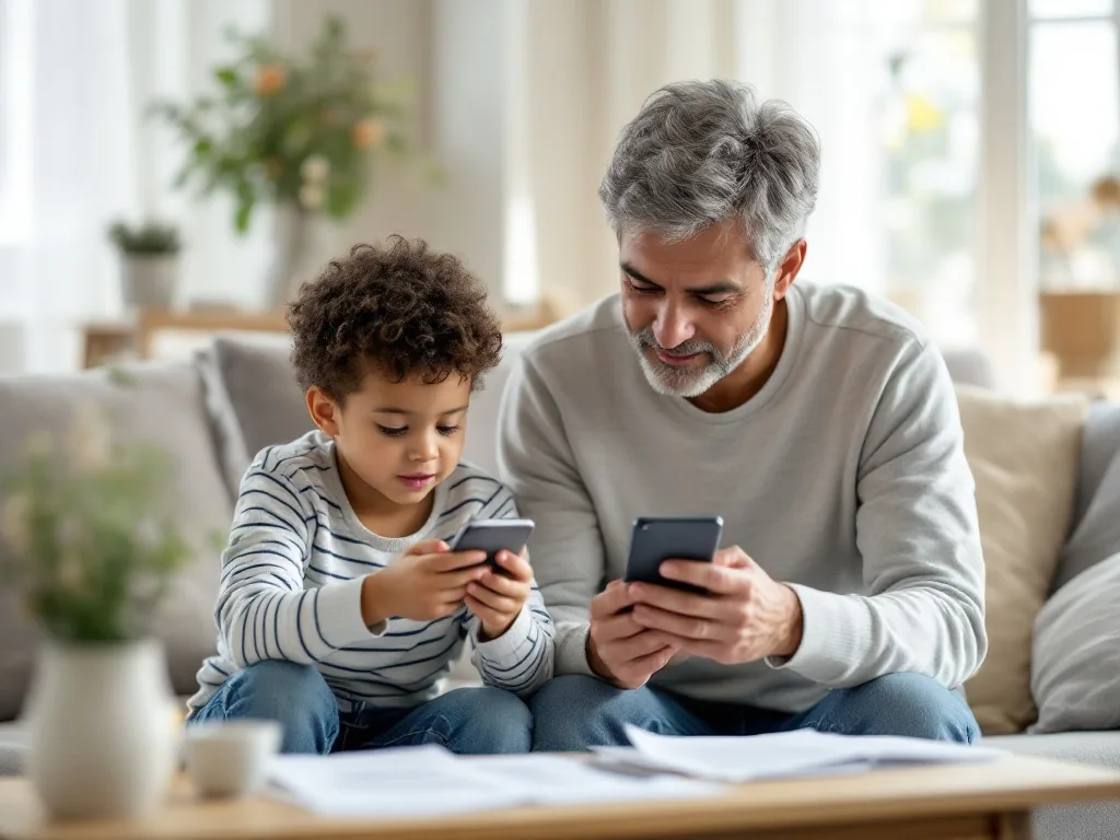 adult child checking official welfare text message on smartphone beside parents pension papers, calm bright home interior, realistic photo