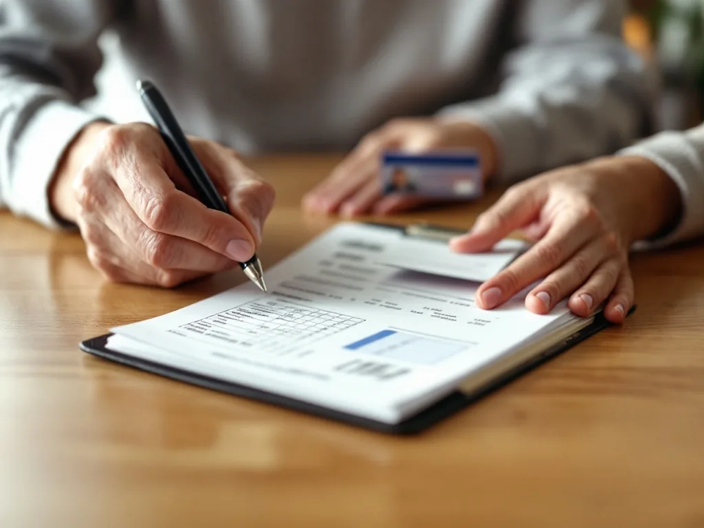 adult child organizing dementia treatment receipts, bankbook copy, and ID card on home table, calm caregiving mood, no private numbers