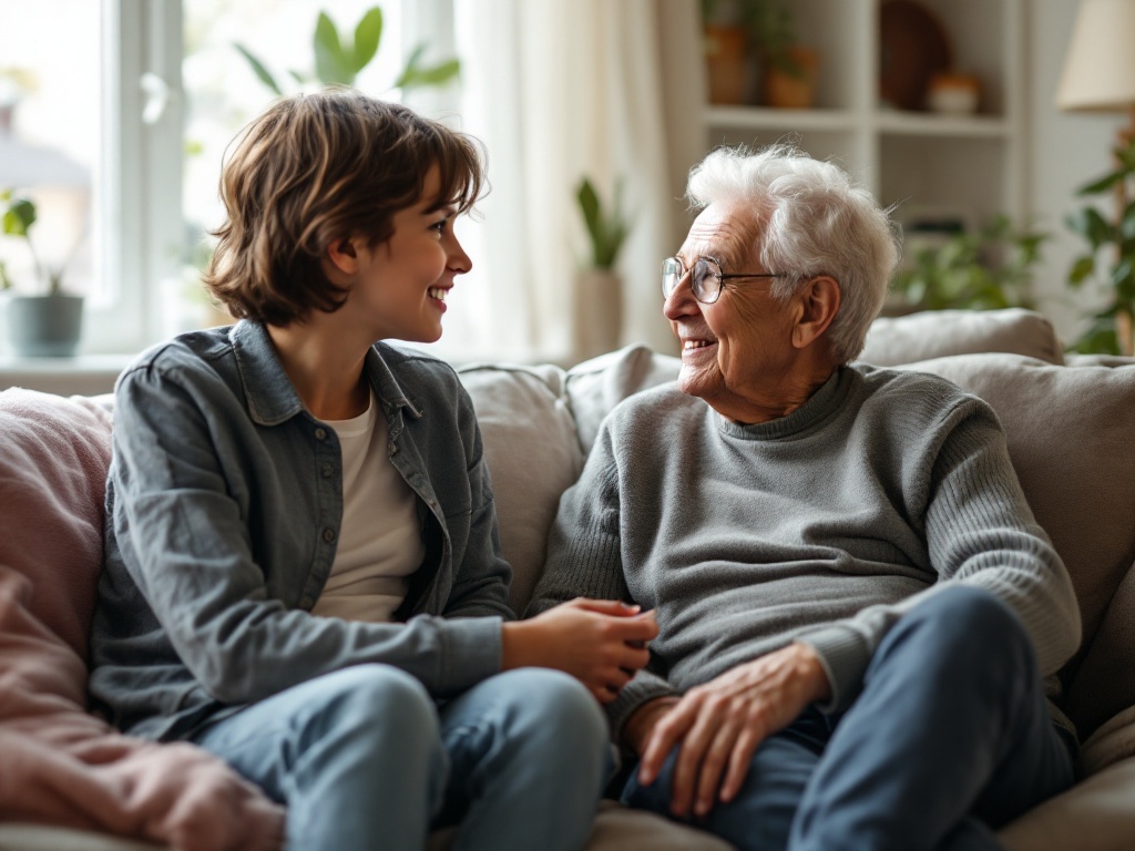 adult child quietly talking with elderly parent in bright living room