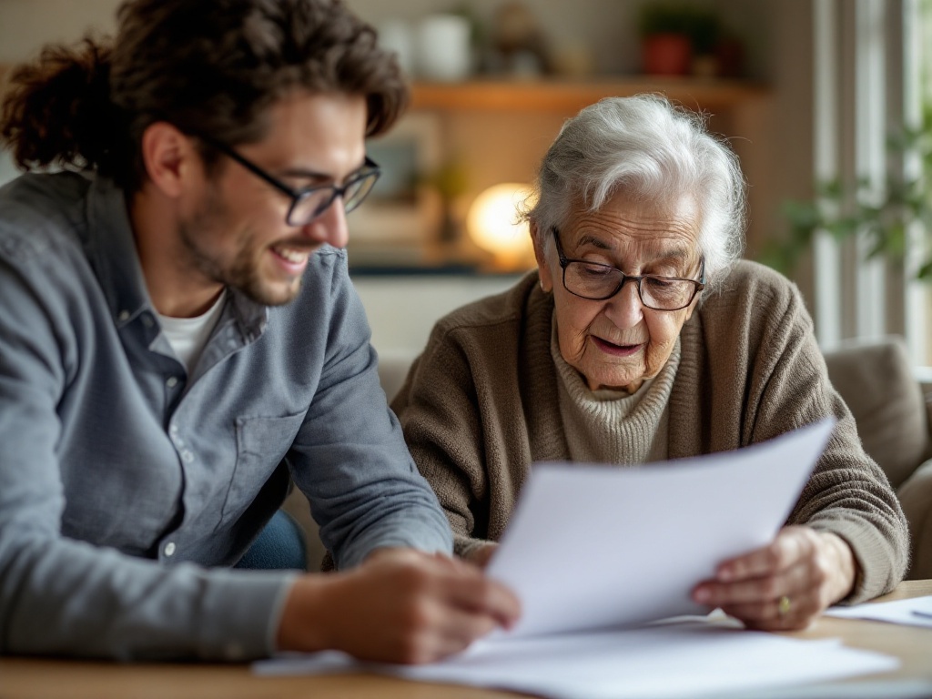 adult child reviewing long term care insurance papers with elderly parent at home