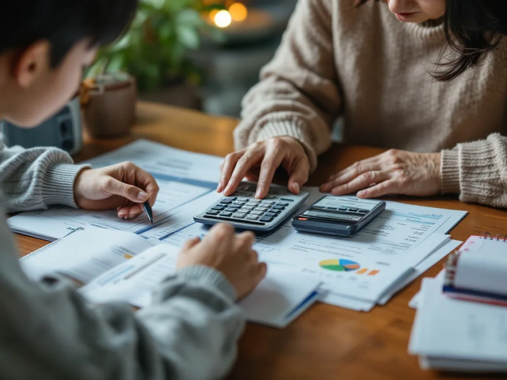 adult child using calculator with senior parent's welfare documents and bankbook, warm Korean home table, realistic documentary photo