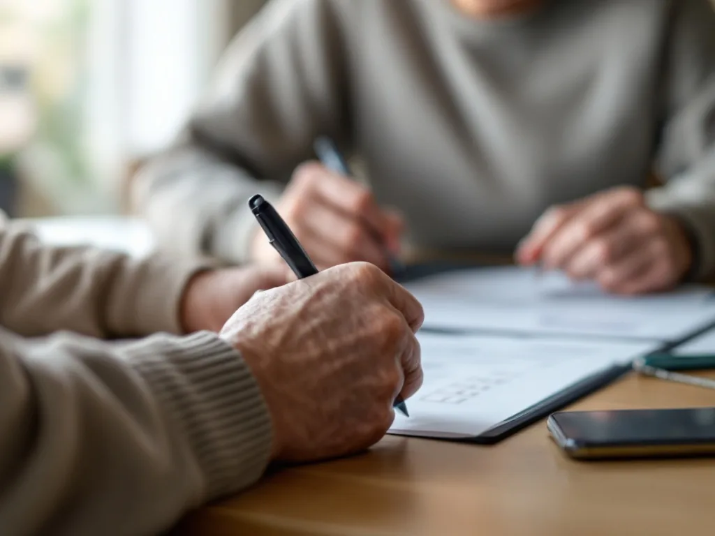 adult child writing checklist for elderly welfare application, ID card and phone on table, soft natural light, no faces