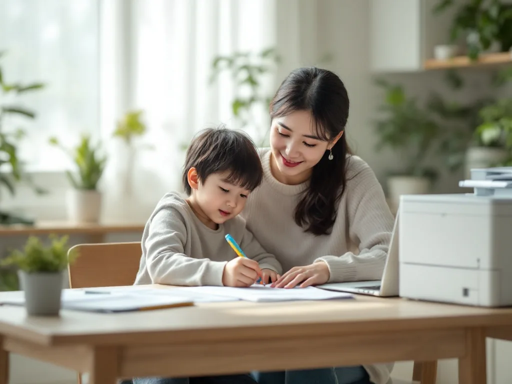 adult child writing checklist for senior welfare certificate beside laptop and printer, Korean home office, calm daylight