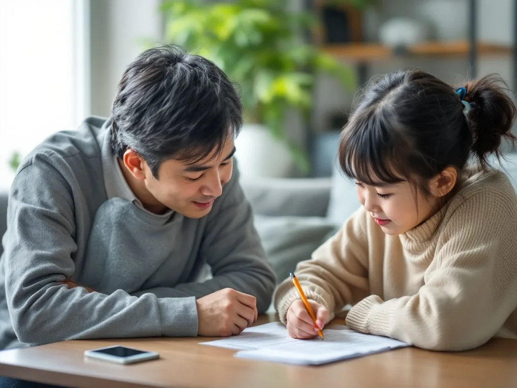 adult child writing digital education schedule on paper beside senior parent's smartphone, calm Korean home setting, realistic editorial photo