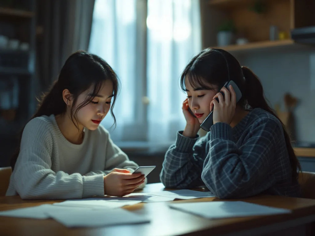 adult daughter calling welfare hotline beside hospital paperwork, korean apartment kitchen table, calm evening light, realistic documentary photo