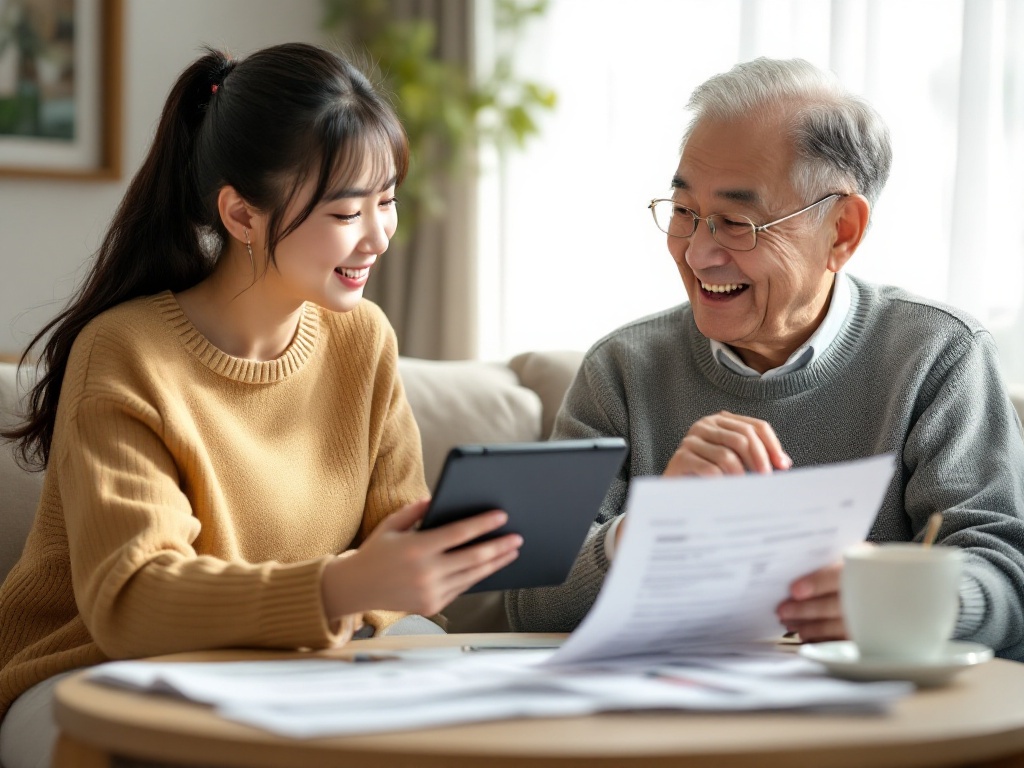 adult daughter helping senior father compare home pension options on tablet with calculator and apartment papers, calm Korean living room