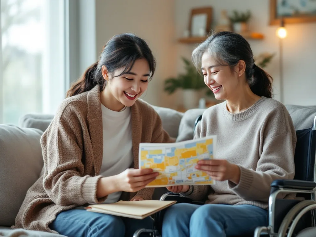 adult daughter helping senior parent plan hospital visit with map, reservation memo and wheelchair nearby, warm Korean home, realistic photo