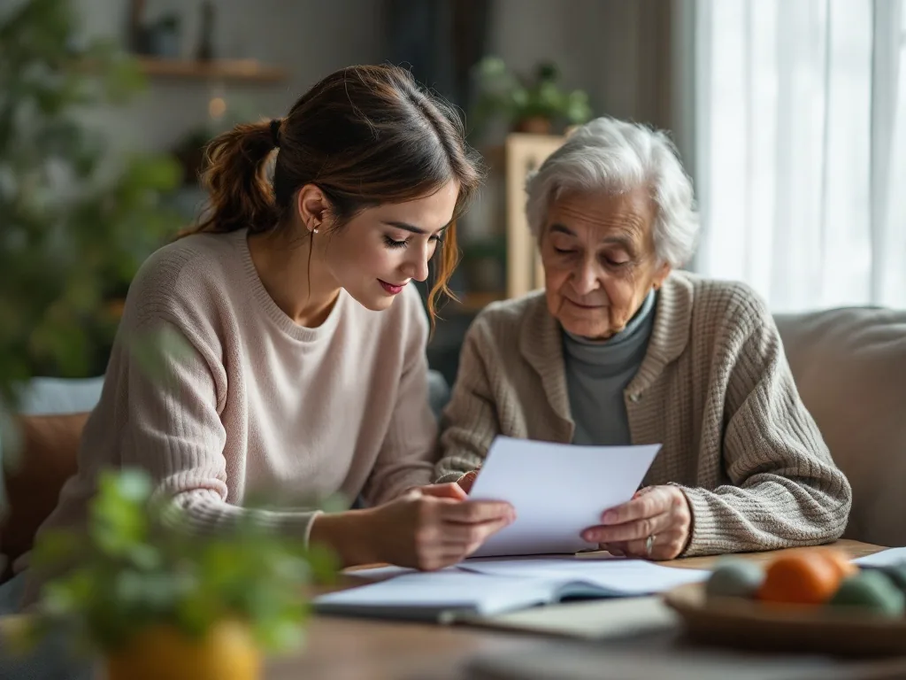 adult daughter organizing elderly parent's ID card, dementia center papers and emergency contact note at home, warm realistic photo | 치매안심센터 방문 전 신분증과 보호자 연락처를 정리하는 장면