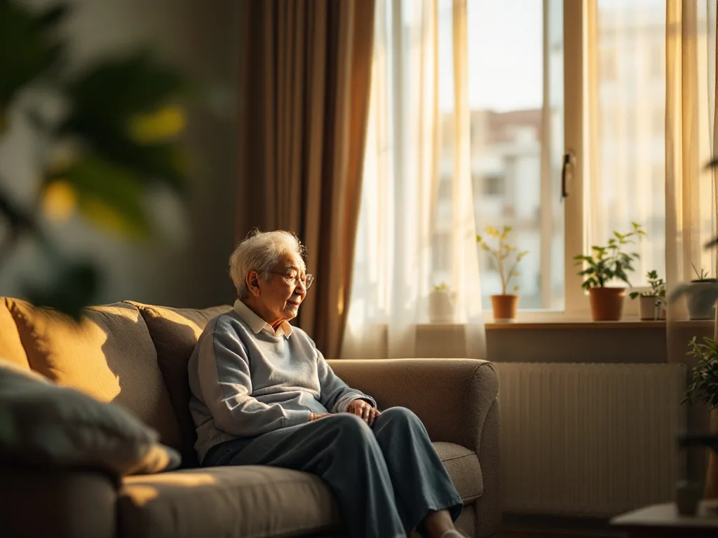 an elderly couple's cozy Korean apartment living room in warm afternoon light, empty sofa and small plants by the window, calm and secure mood, editorial photography, shallow depth of field