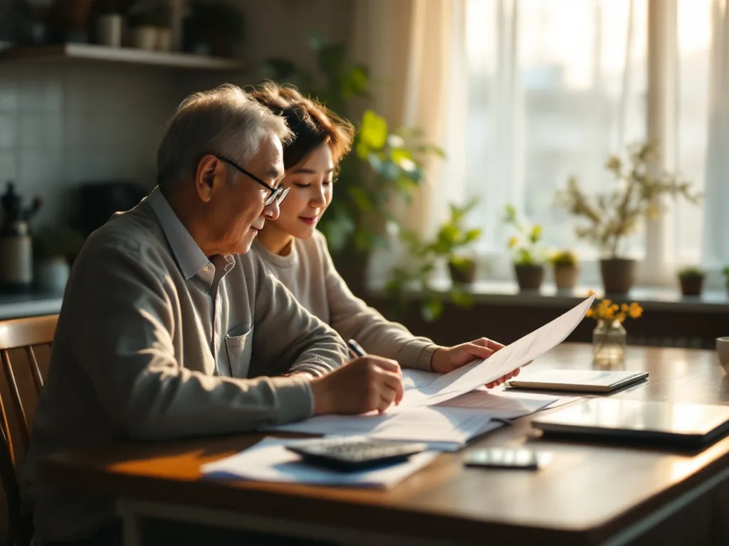 an elderly korean couple reviewing documents and a calculator at a kitchen table by soft window light, warm and calm mood, editorial photography, shallow depth of field