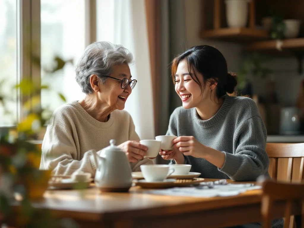 an elderly korean mother and her middle-aged daughter sitting together at a kitchen table drinking tea, soft morning light, warm and calm home mood, editorial photography, shallow depth of field