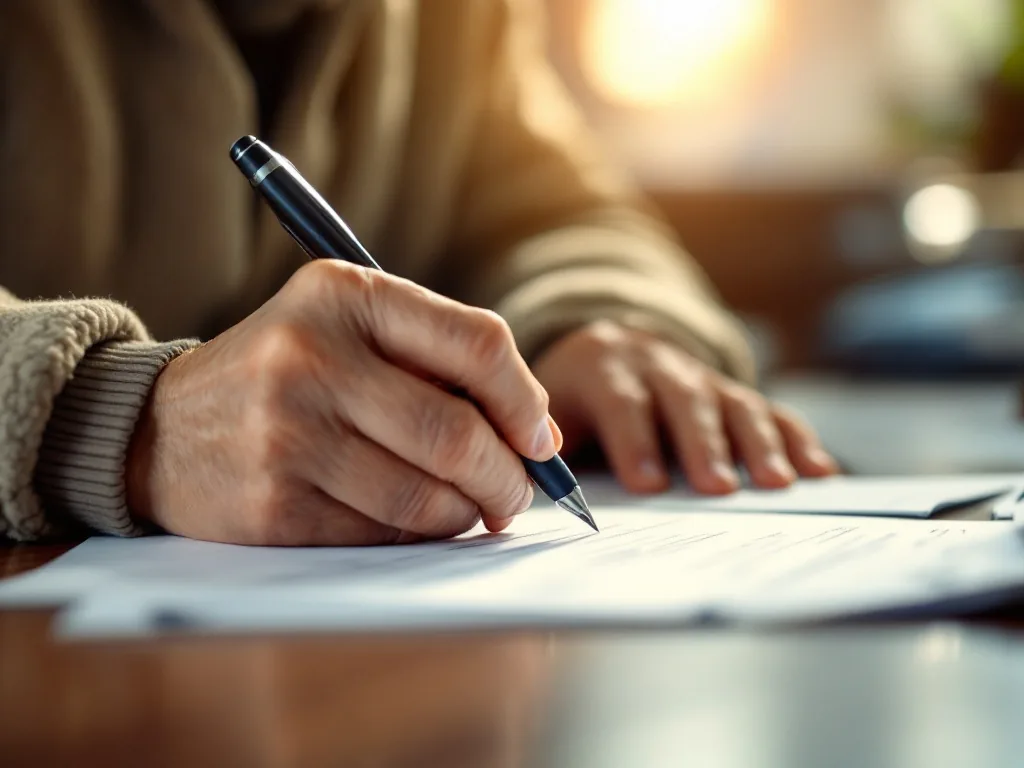 an elderly korean person hands filling out a paper application form at a community welfare center desk, close-up of hands and pen, warm indoor light, documentary style, no face