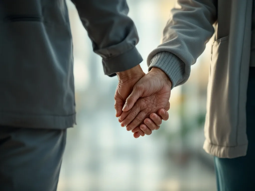 an elderly Korean person's hand resting on a caregiver's arm while walking slowly along a hospital corridor, soft natural light, warm and reassuring mood, editorial photography, shallow depth of field