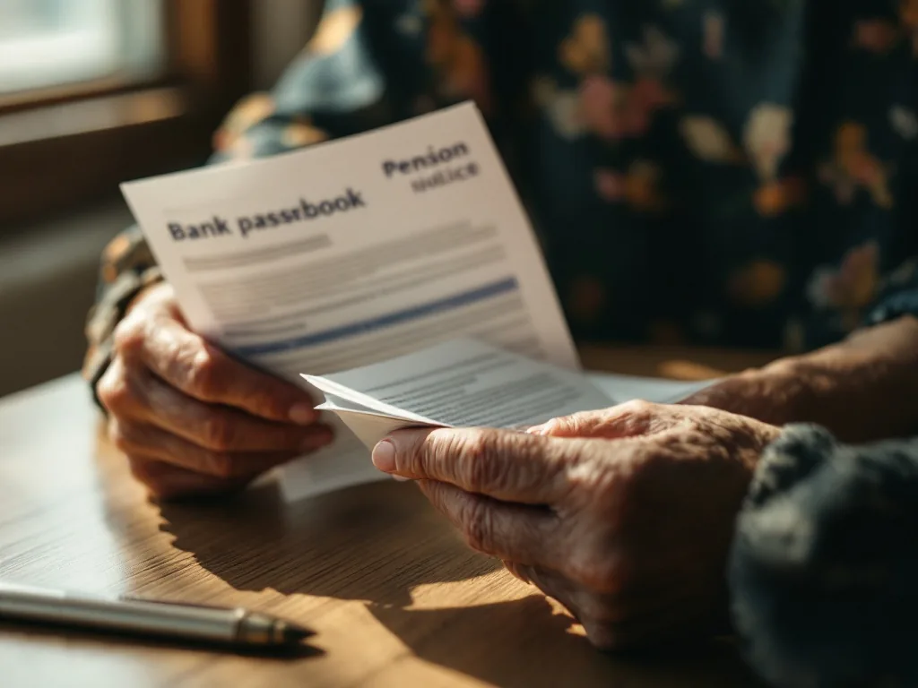 an elderly Korean woman's hands holding a bank passbook and a pension notice letter at a kitchen table, soft morning window light, quiet contemplative mood, editorial photography, shallow depth of field
