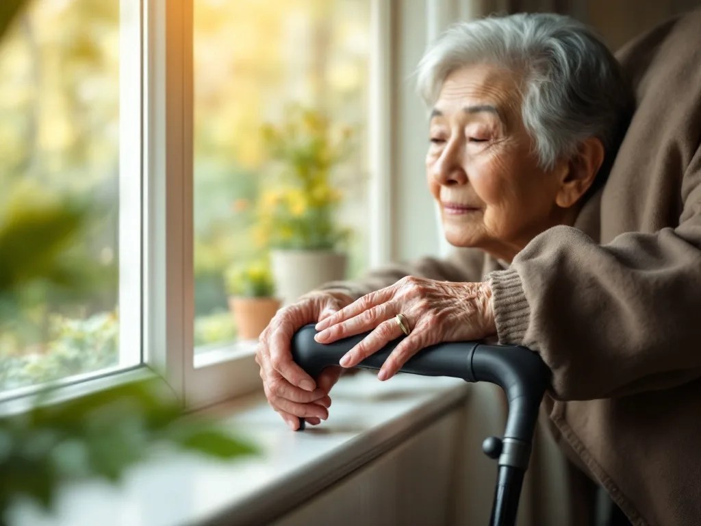 an elderly korean woman's hands resting on a walking cane beside a sunny window at home, warm soft light, calm caring mood, editorial photography, shallow depth of field