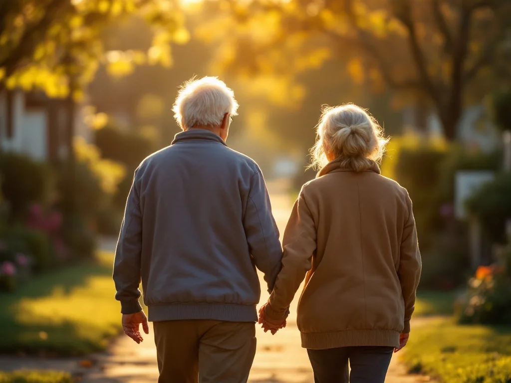 an elderly parent and a support worker walking together along a quiet neighborhood street on the way to a clinic, seen from behind, warm morning sunlight, gentle reassuring mood, editorial photography