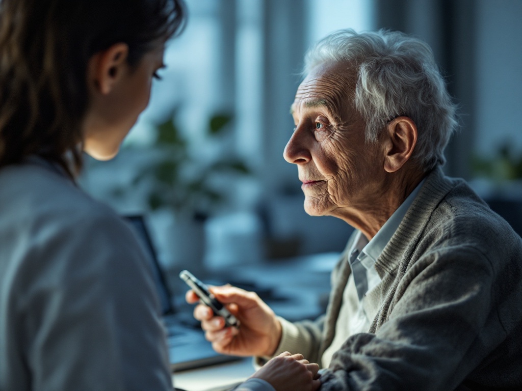 an elderly person having a hearing test in a quiet clinic, audiologist adjusting equipment, soft clinical light, over-the-shoulder view, editorial photography