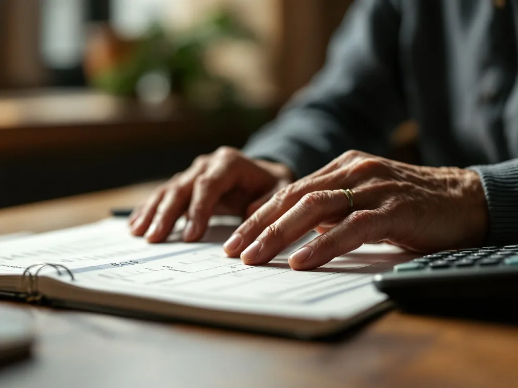 an elderly person's hands resting on a bank passbook and a calculator on a wooden table, soft warm indoor light, quiet contemplative mood, editorial photography, shallow depth of field