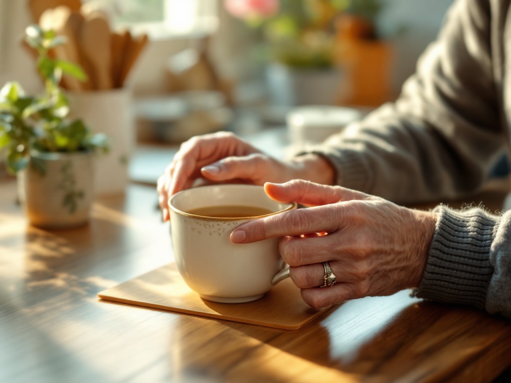 an elderly persons hands holding a cup of tea at a bright kitchen table, warm morning light, close-up, editorial photography