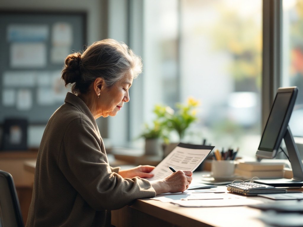 an older Korean woman reviewing pension paperwork at a government service desk seen from behind, warm indoor light, respectful documentary style, no readable text