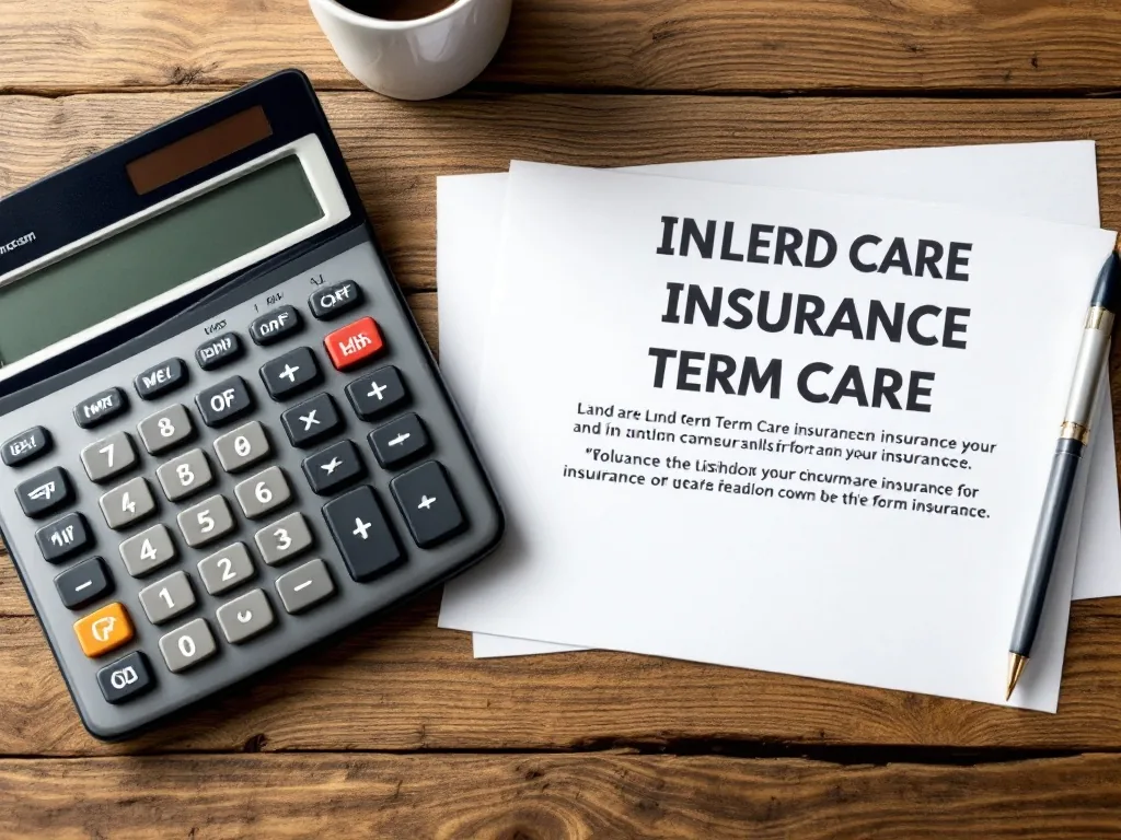 calculator and long term care insurance notice on wooden table