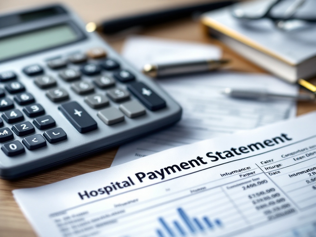 calculator beside hospital payment statement and insurance papers