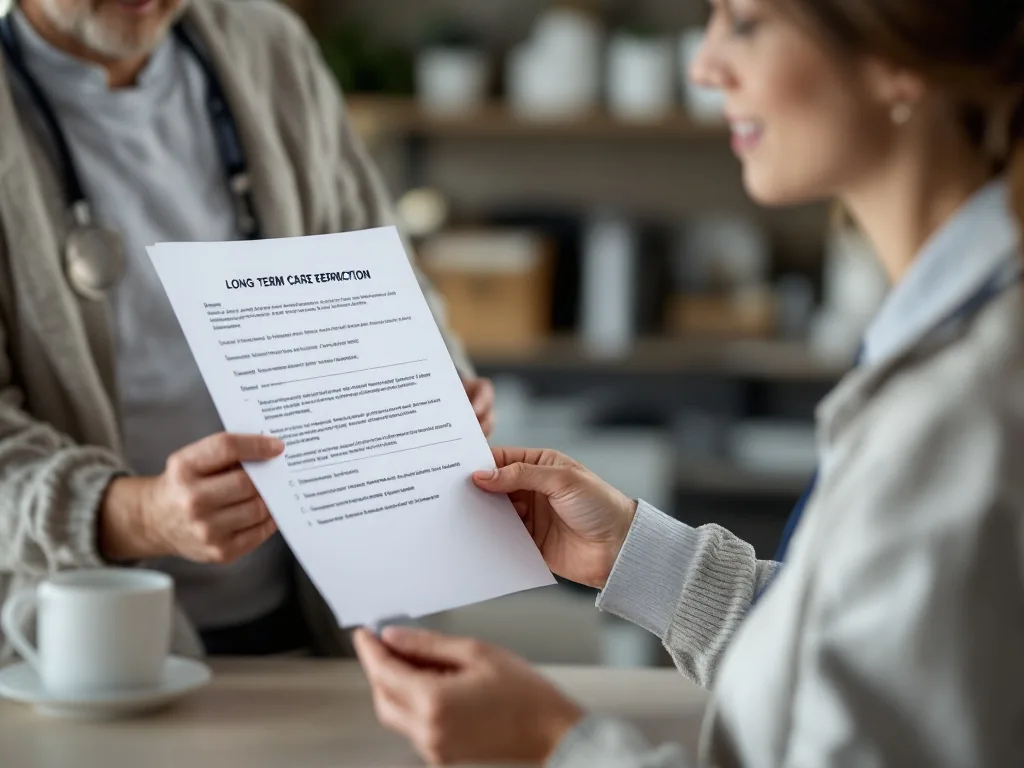 caregiver comparing long term care benefit confirmation document and GPS wearable device at welfare equipment office, realistic senior care photo | 복지용구 급여확인서와 배회감지기 상담 장면