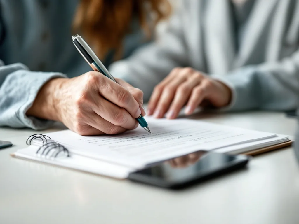 caregiver writing senior welfare notes with phone beside notebook